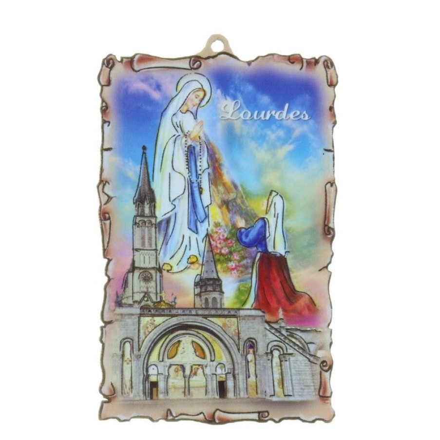 Palais du Rosaire Cadre Religieux | Cadre Religieux En Bois Forme Parchemin Apparition De Lourdes Doree 5 X 7,5 Cm Et Dizainier A La Rose