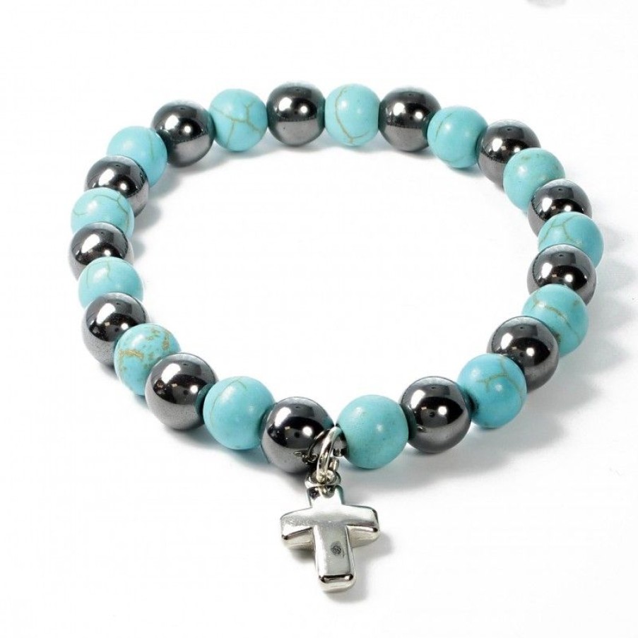 Palais du Rosaire Bracelet Fantaisie | Bracelet En Pierres Naturelles D'Hematite Et Turquoise Avec Croix