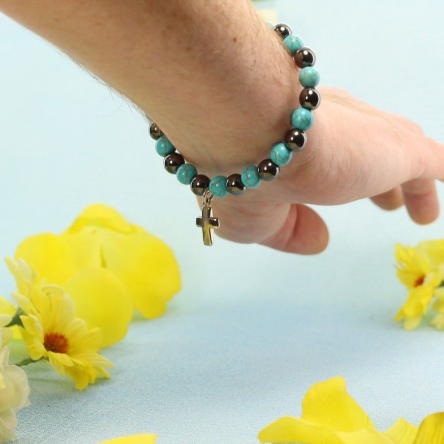 Palais du Rosaire Bracelet Fantaisie | Bracelet En Pierres Naturelles D'Hematite Et Turquoise Avec Croix