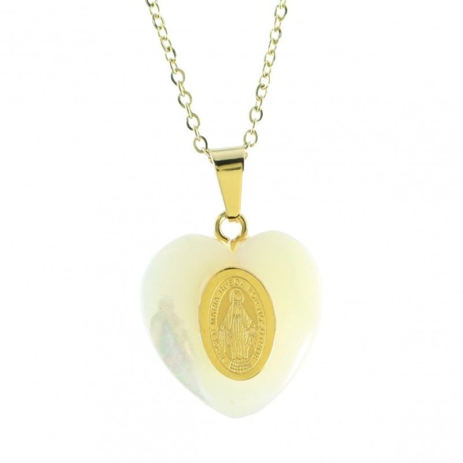 Palais du Rosaire Collier Fantaisie | Parure Avec Pendentif Medaille Miraculeuse Sur Coeur Nacre 20Mm Et Chaine Doree