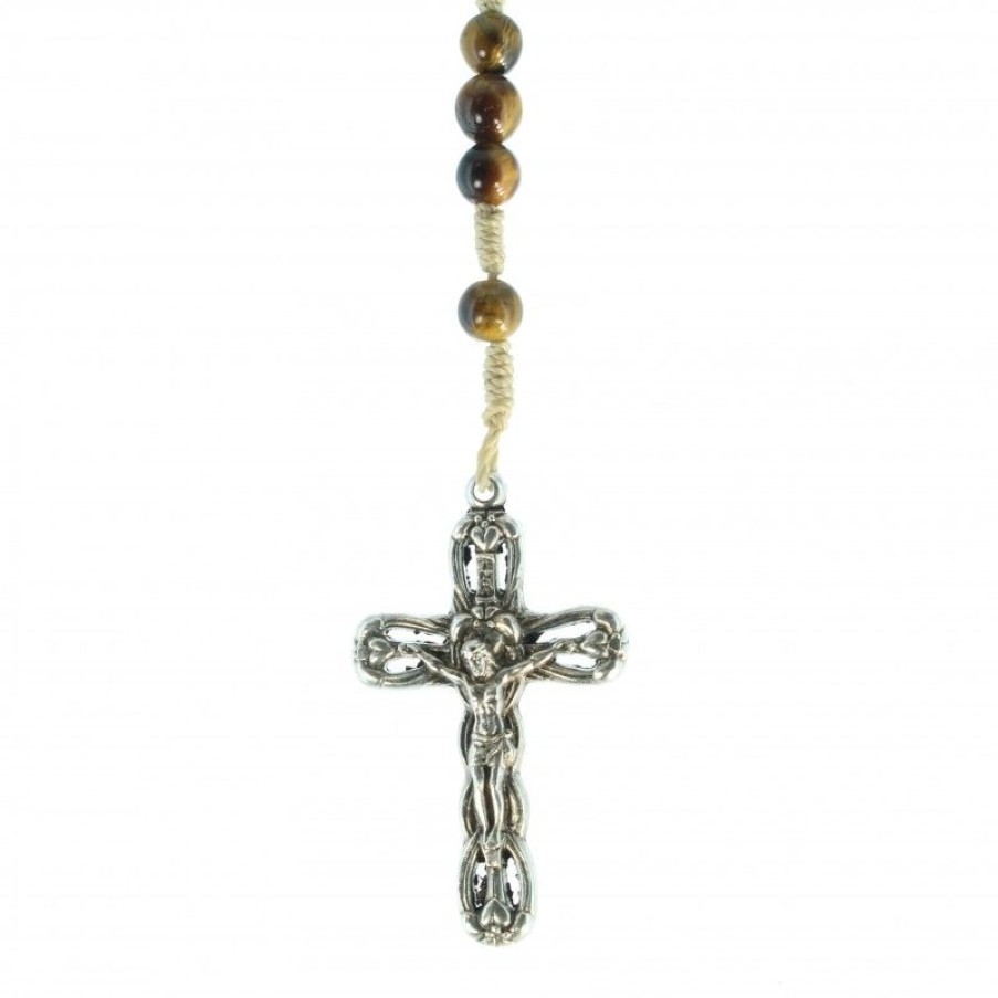 Palais du Rosaire Chapelet Pierre | Chapelet En Pierres D'Oeil De Tigre Sur Corde Beige