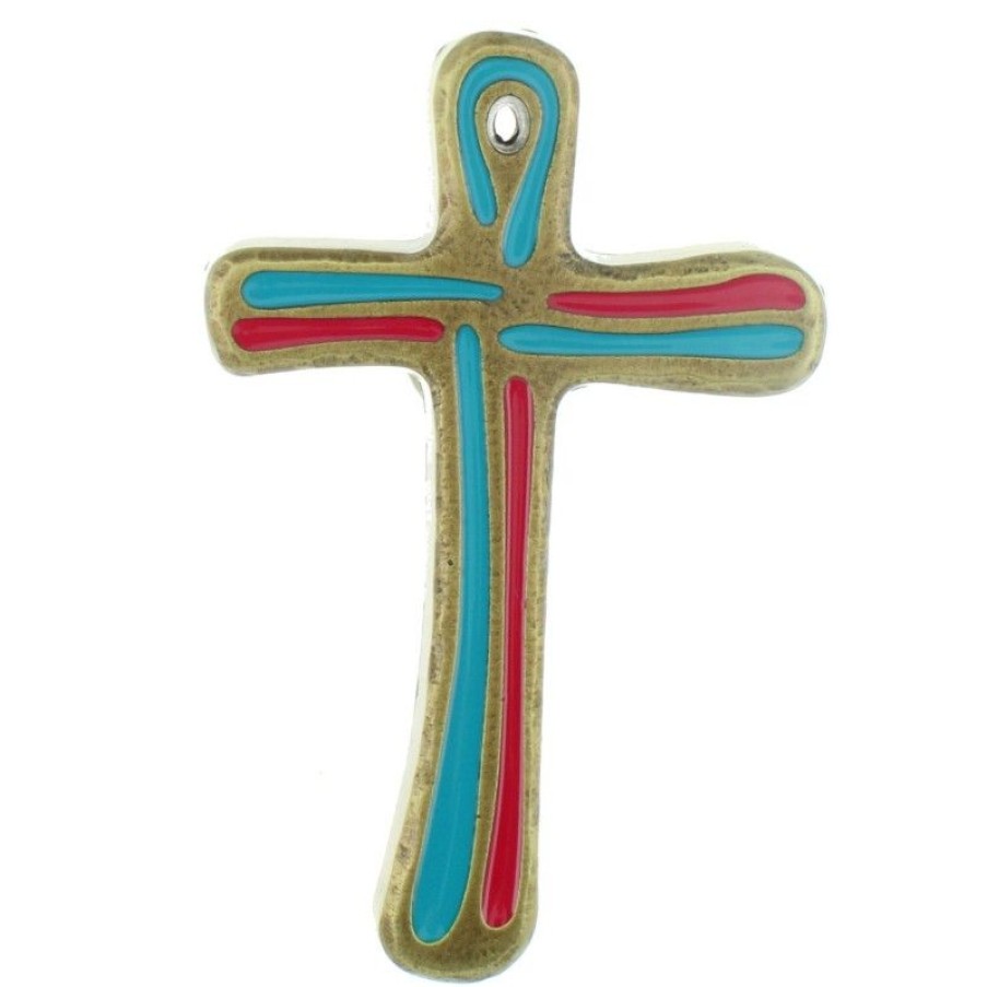 Palais du Rosaire Crucifix Metal | Crucifix En Metal Emaille Bleu Et Rouge 10Cm
