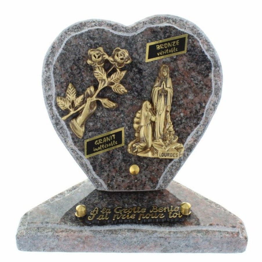 Palais du Rosaire Plaque Funeraire | Plaque Funeraire De Lourdes En Granit En Forme De Coeur Et Sujets Bronze 18X18Cm