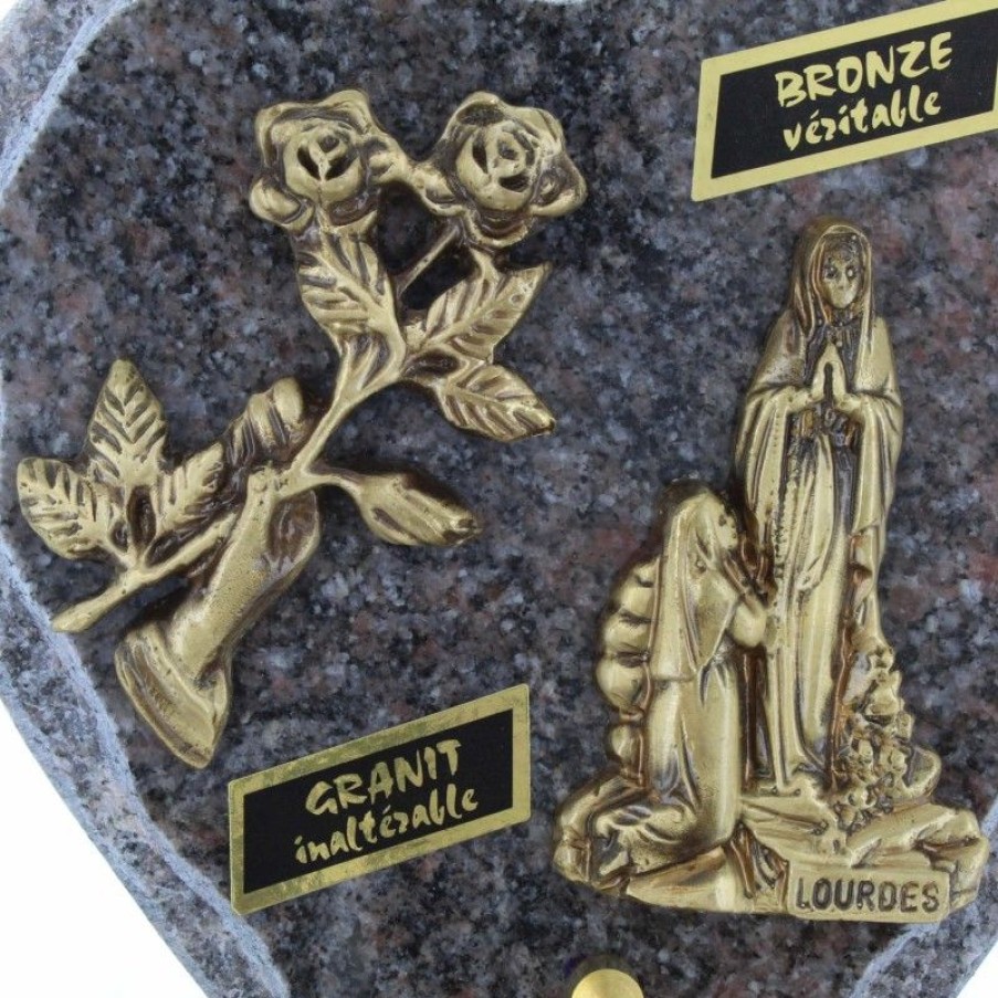 Palais du Rosaire Plaque Funeraire | Plaque Funeraire De Lourdes En Granit En Forme De Coeur Et Sujets Bronze 18X18Cm