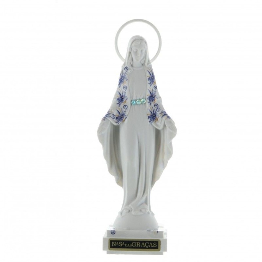 Palais du Rosaire Statue Vierge Miraculeuse | Statue De La Vierge Miraculeuse Robe Blanche Et Manteau Fleuri En Resine 16Cm