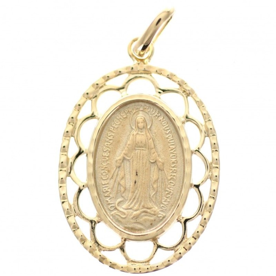 Palais du Rosaire Medaille Et Croix Plaque Or | Medaille Miraculeuse Plaque Or 20Mm Avec Effet Dentelle