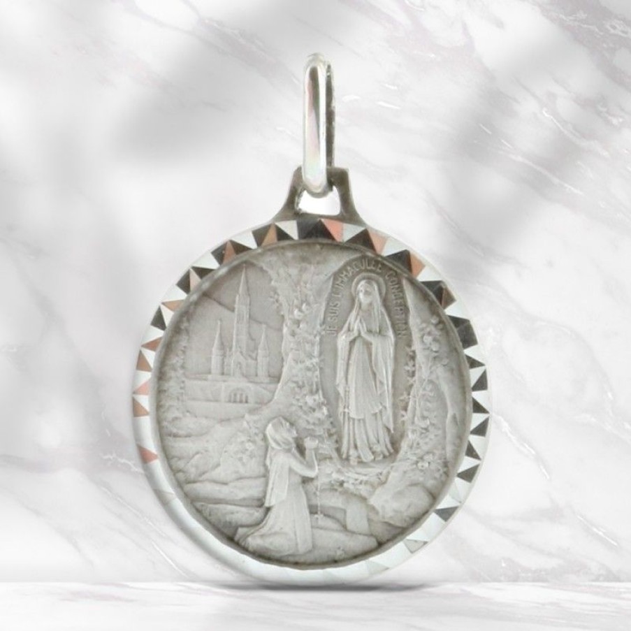 Palais du Rosaire Medaille Et Croix Argent | Medaille Ronde En Argent Avec L'Apparition De Lourdes 18Mm