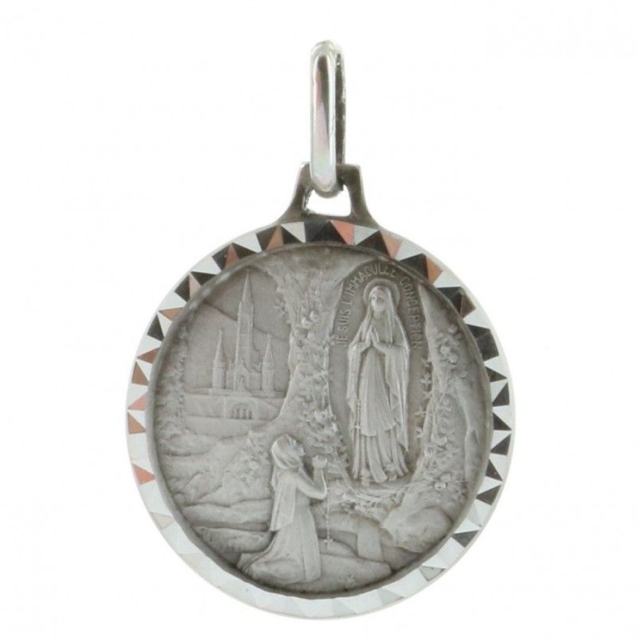 Palais du Rosaire Medaille Et Croix Argent | Medaille Ronde En Argent Avec L'Apparition De Lourdes 18Mm