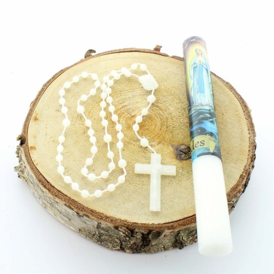 Palais du Rosaire Bougie Decorative | Bougie De Lourdes Avec Un Chapelet Lumineux Dans Un Etui