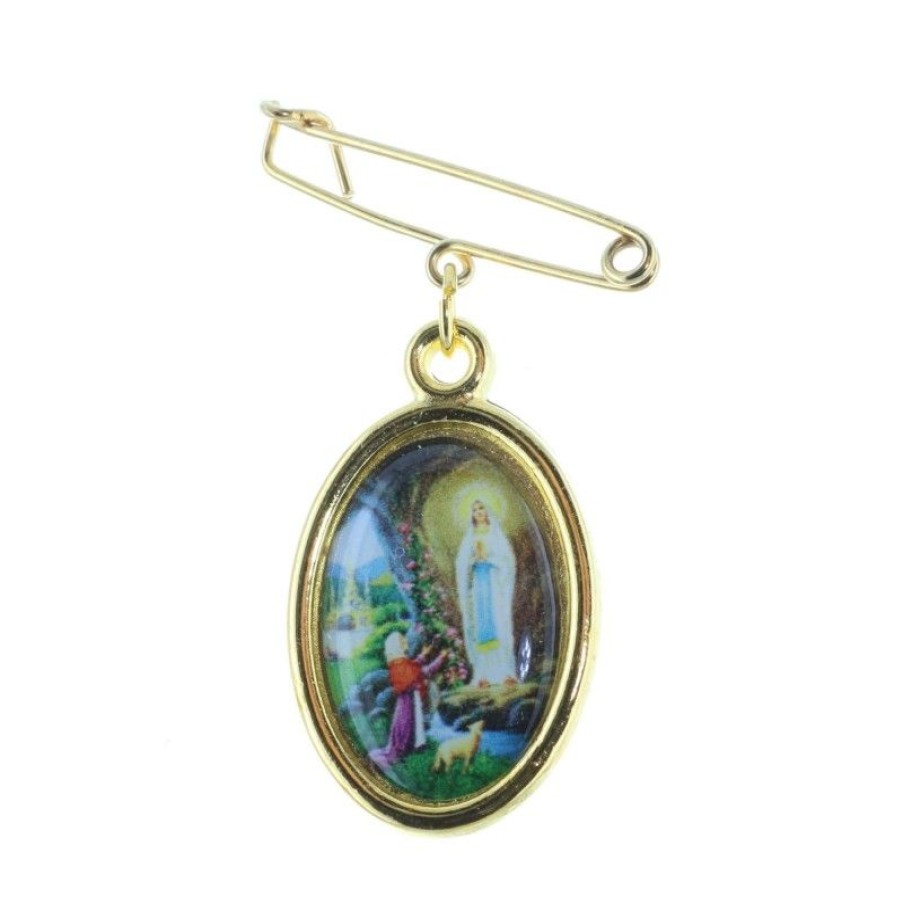 Palais du Rosaire Broche Metal | Broche Apparition De Lourdes Et Vierge Miraculeuse En Metal Dore