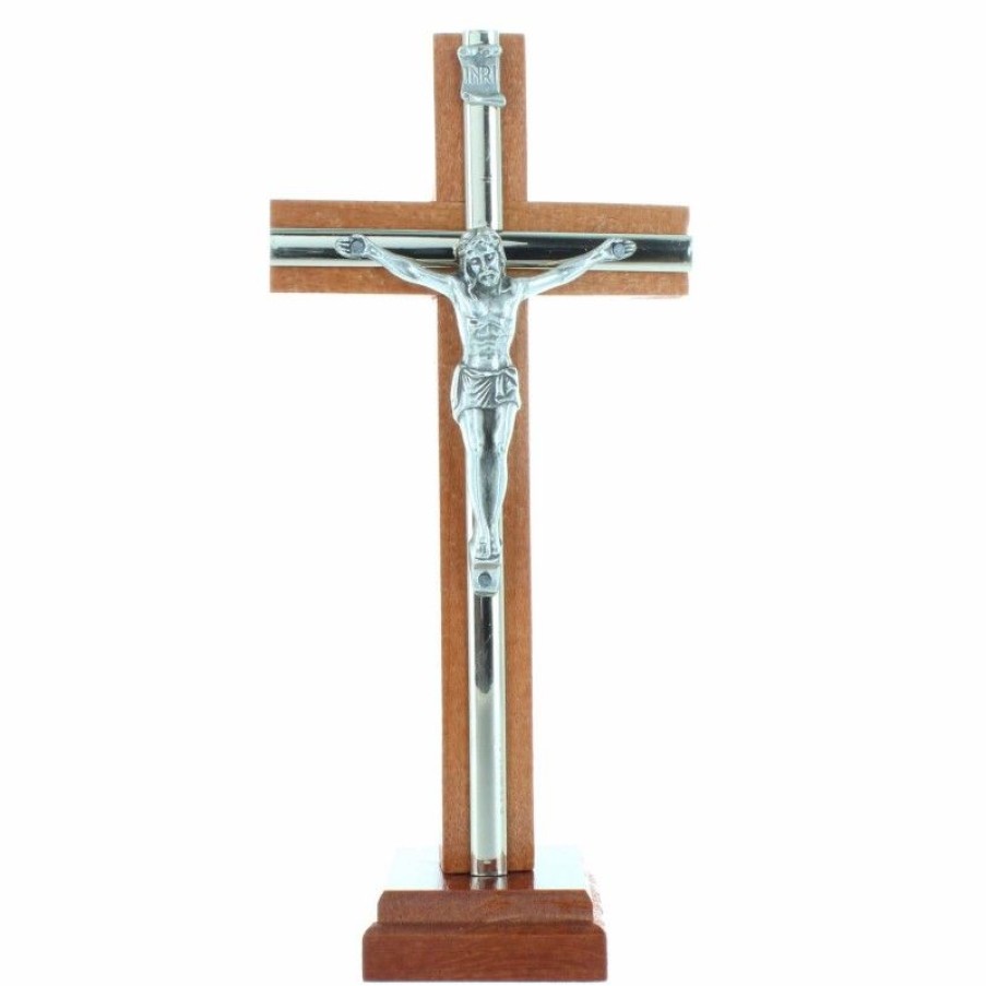 Palais du Rosaire Crucifix Metal | Crucifix Sur Socle En Bois Avec Le Christ En Metal 16Cm