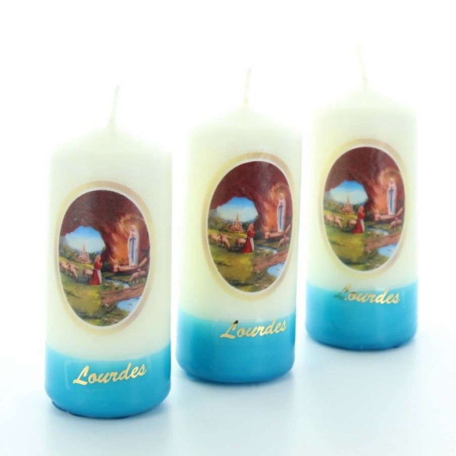 Palais du Rosaire Bougie Decorative | Lot De 3 Bougies De Lourdes Avec Une Base Bleue 9Cm