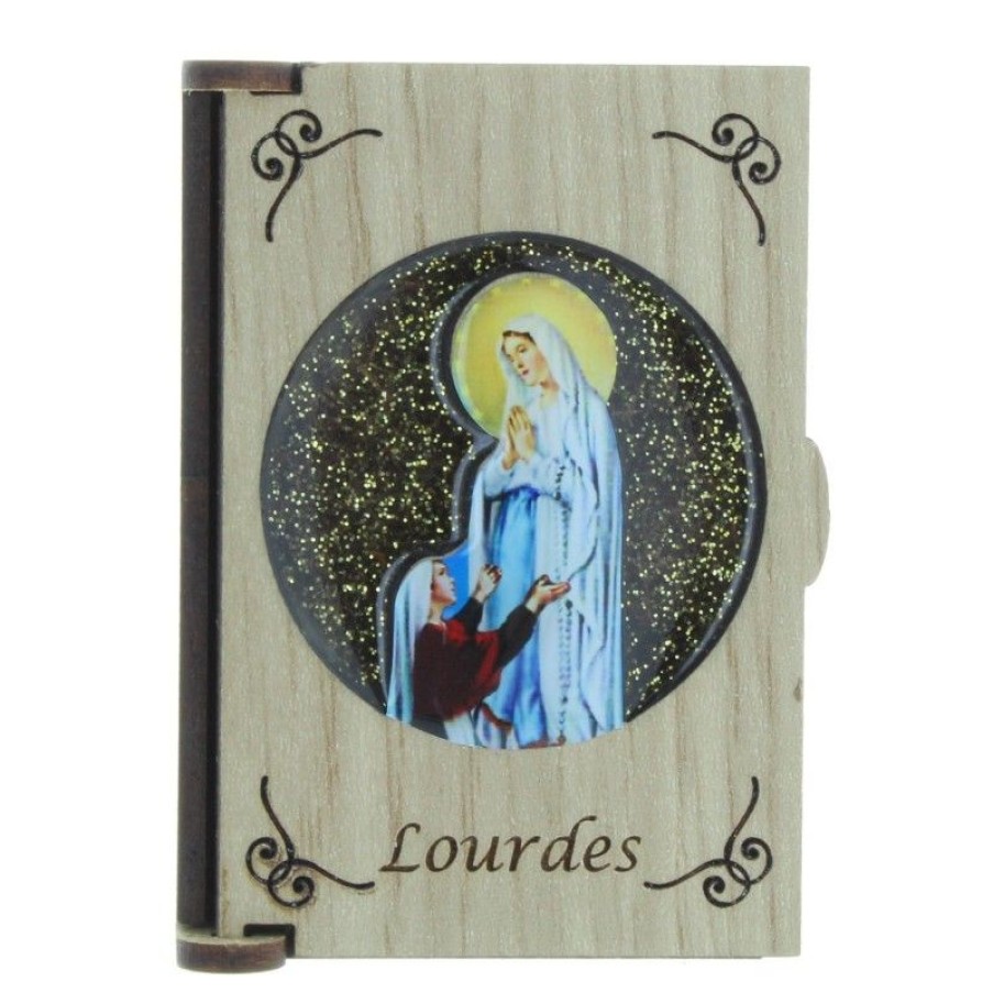 Palais du Rosaire Boite A Chapelet | Boite En Bois Pour Chapelet Avec L'Apparition De Lourdes Sur Fond Paillete
