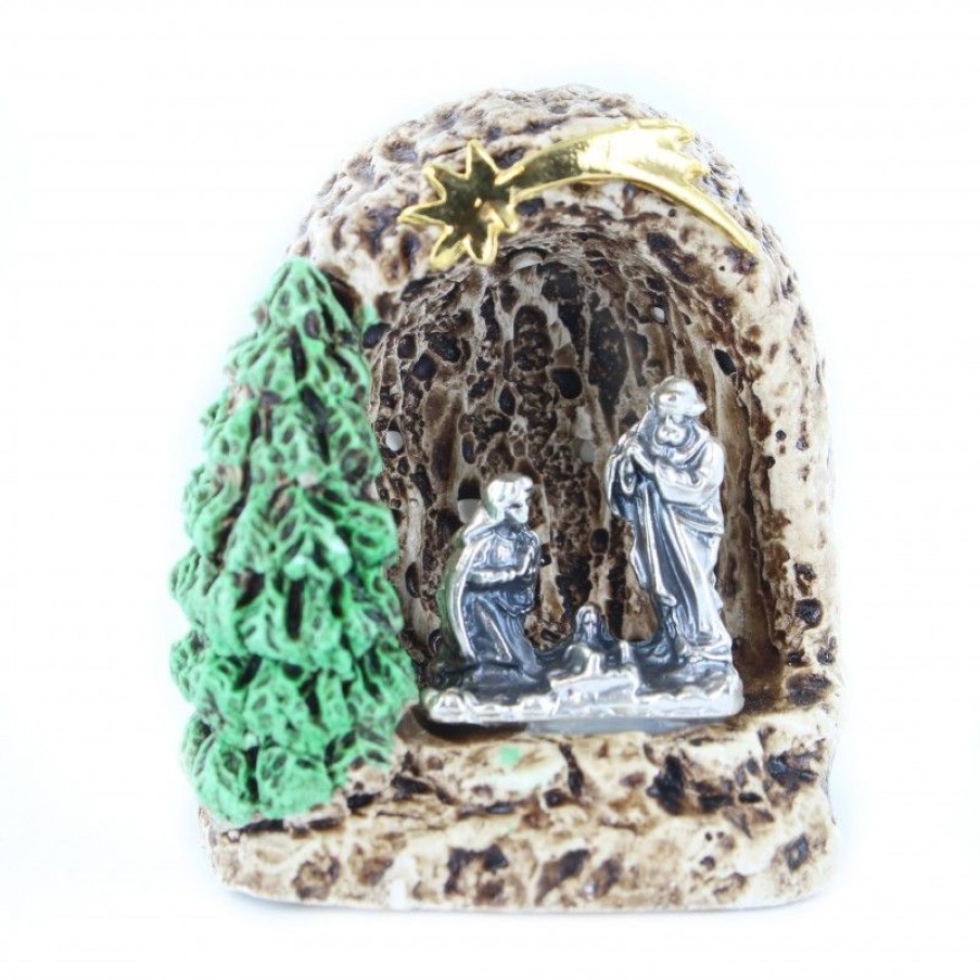 Palais du Rosaire Creche | Mini Creche En Metal Sainte Famille Dans Une Grotte 5Cm