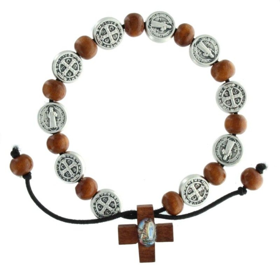 Palais du Rosaire Bracelet Fantaisie | Bracelet De Saint Benoit Avec Des Perles En Bois Et Une Croix