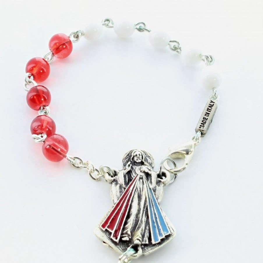 Palais du Rosaire Chapelet Argent | Chapelet Dizainier En Argent De Jesus Misericordieux Avec Grains Rouge Et Blanc