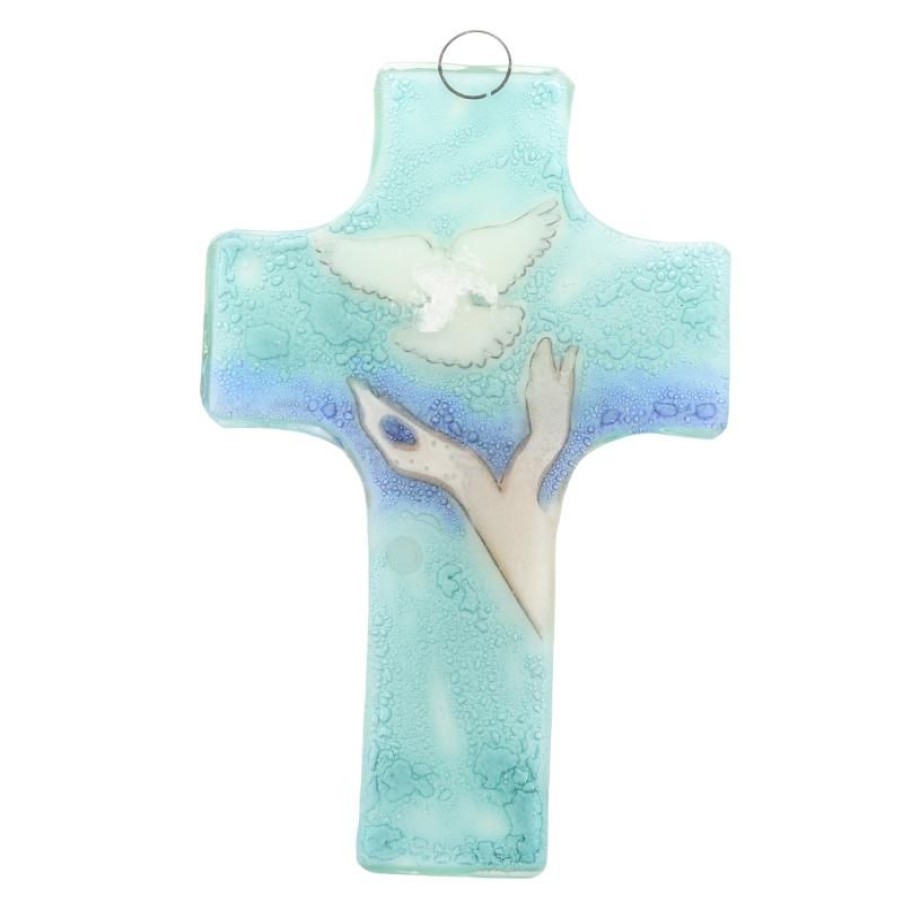 Palais du Rosaire Croix Religieuse | Croix Religieuse En Verre Illustree D'Un Lache De Colombe 8X12Cm