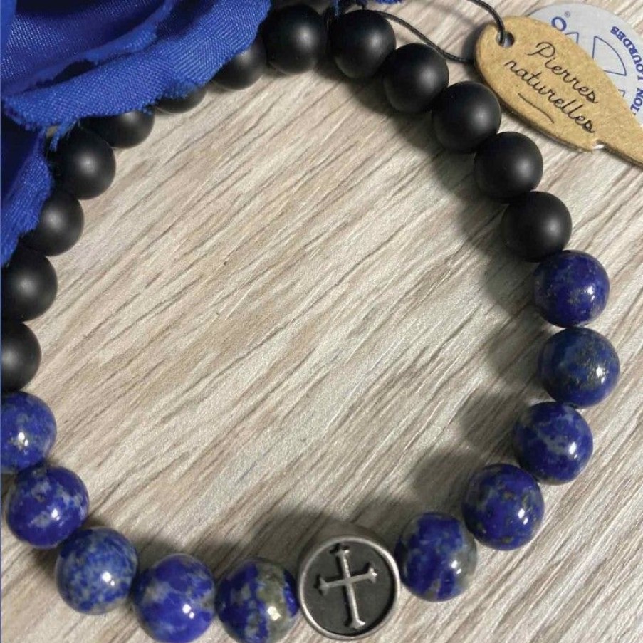 Palais du Rosaire Bracelet Fantaisie | Bracelet Religieux En Pierre D'Agate Noire Et Lapis Lazuli