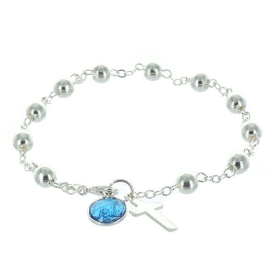 Palais du Rosaire Bracelet Argent | Bracelet Dizainier De Lourdes Plaque Argent Avec Une Croix Et Une Medaille Emaillee Bleue De La Vierge