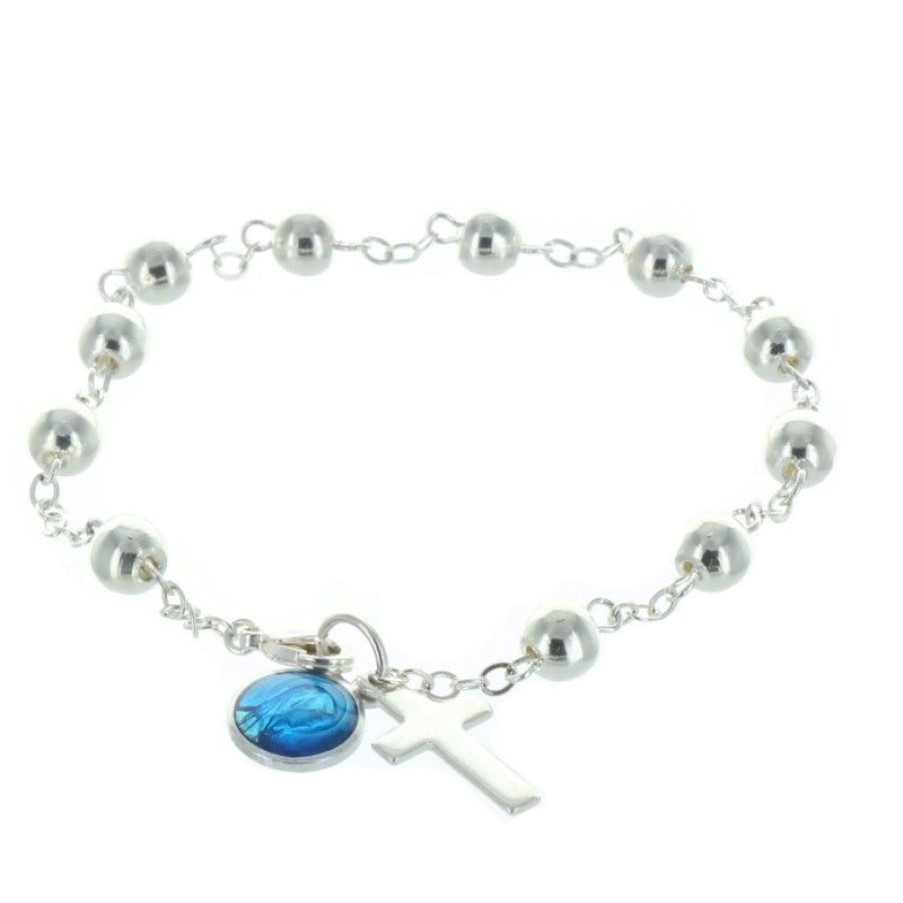 Palais du Rosaire Bracelet Argent | Bracelet Dizainier De Lourdes Plaque Argent Avec Une Croix Et Une Medaille Emaillee Bleue De La Vierge