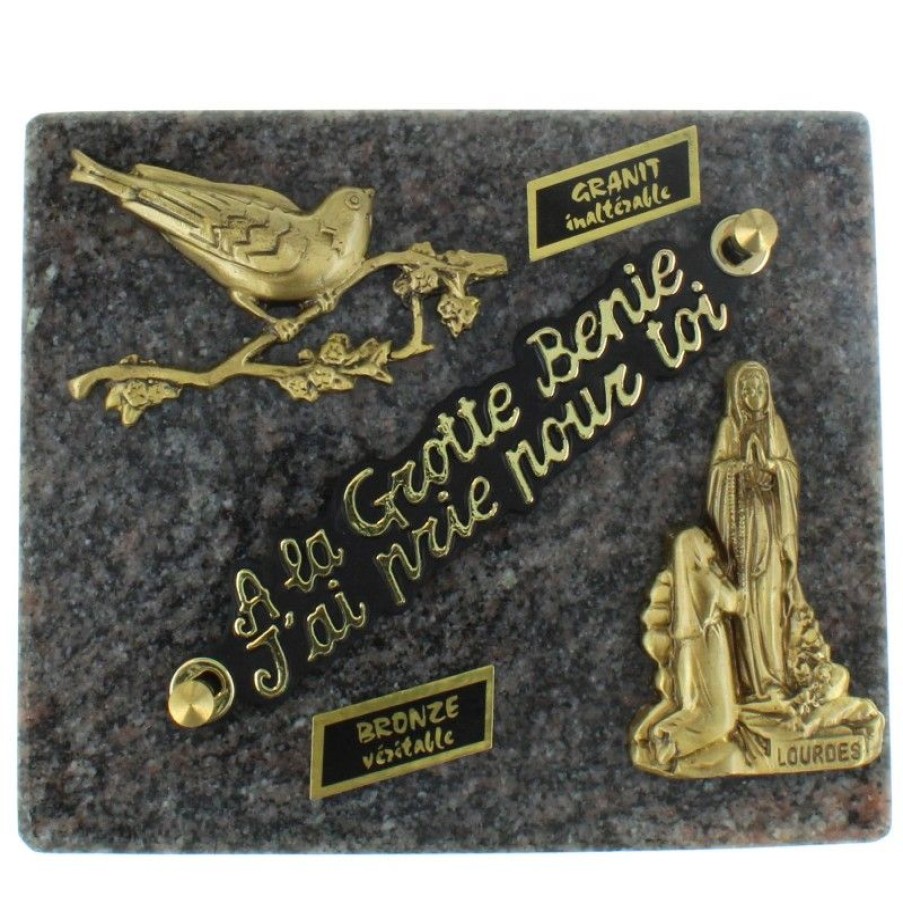 Palais du Rosaire Plaque Funeraire | Plaque Funeraire De Lourdes Rectangulaire En Granit Et Sujets En Bronze 12X18Cm
