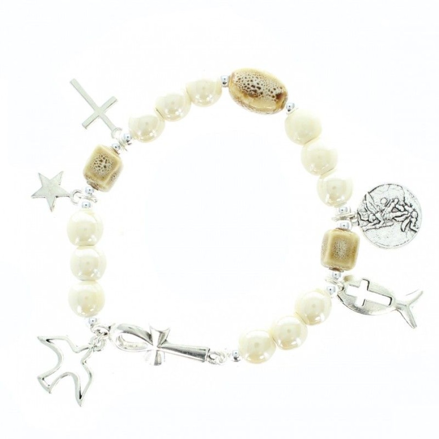 Palais du Rosaire Bracelet Fantaisie | Bracelet Elastique En Ceramique Avec Medaille St Michel