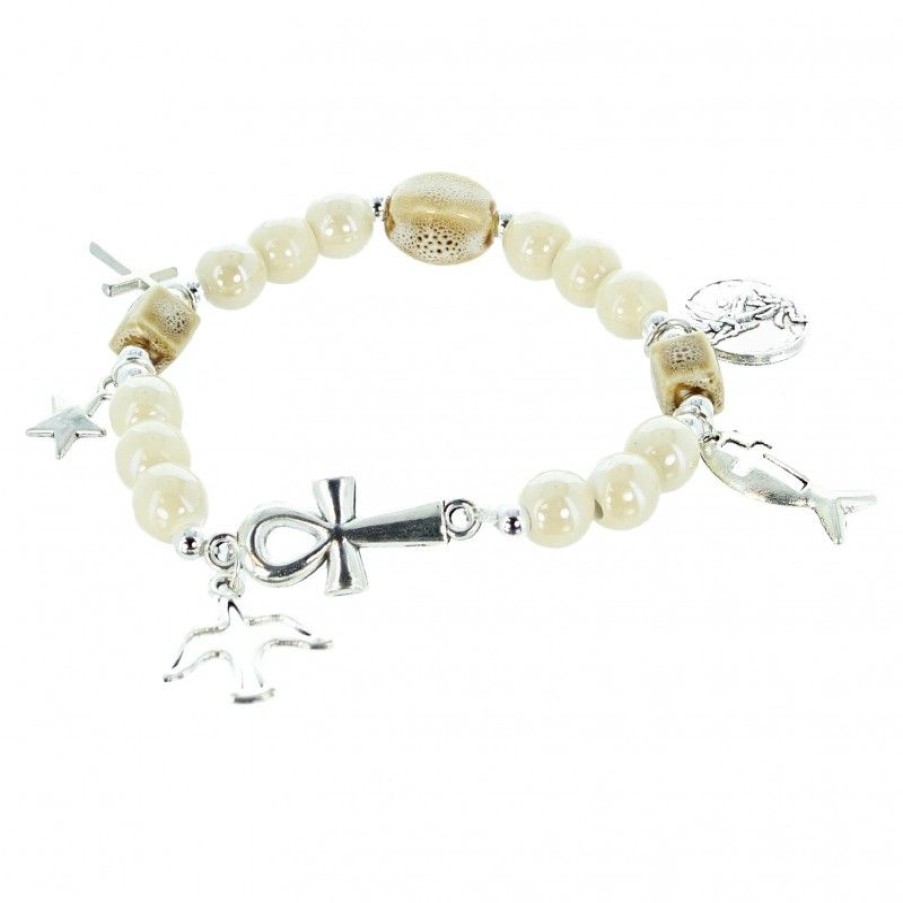 Palais du Rosaire Bracelet Fantaisie | Bracelet Elastique En Ceramique Avec Medaille St Michel