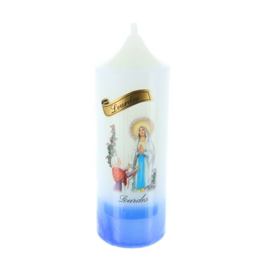 Palais du Rosaire Bougie Decorative | Bougie Religieuse Cylindrique Apparition De Lourdes Base Bleue 14,5 Cm