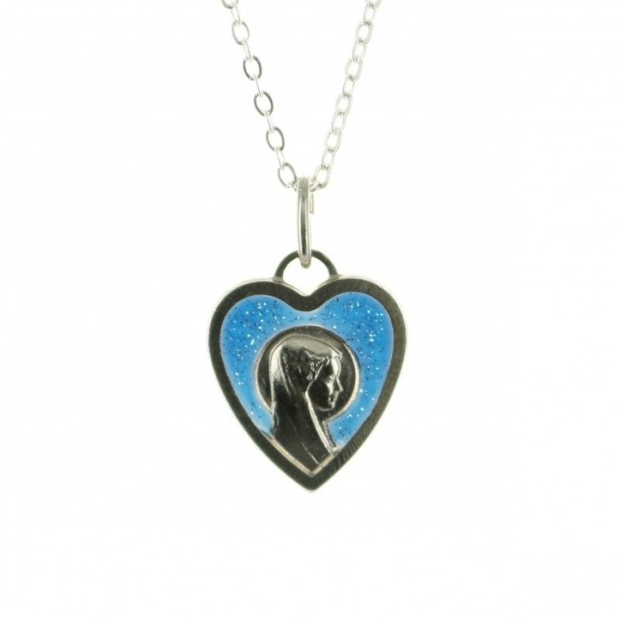 Palais du Rosaire Collier Fantaisie | Parure Avec Pendentif En Coeur Vierge Marie Et Chaine Argentee