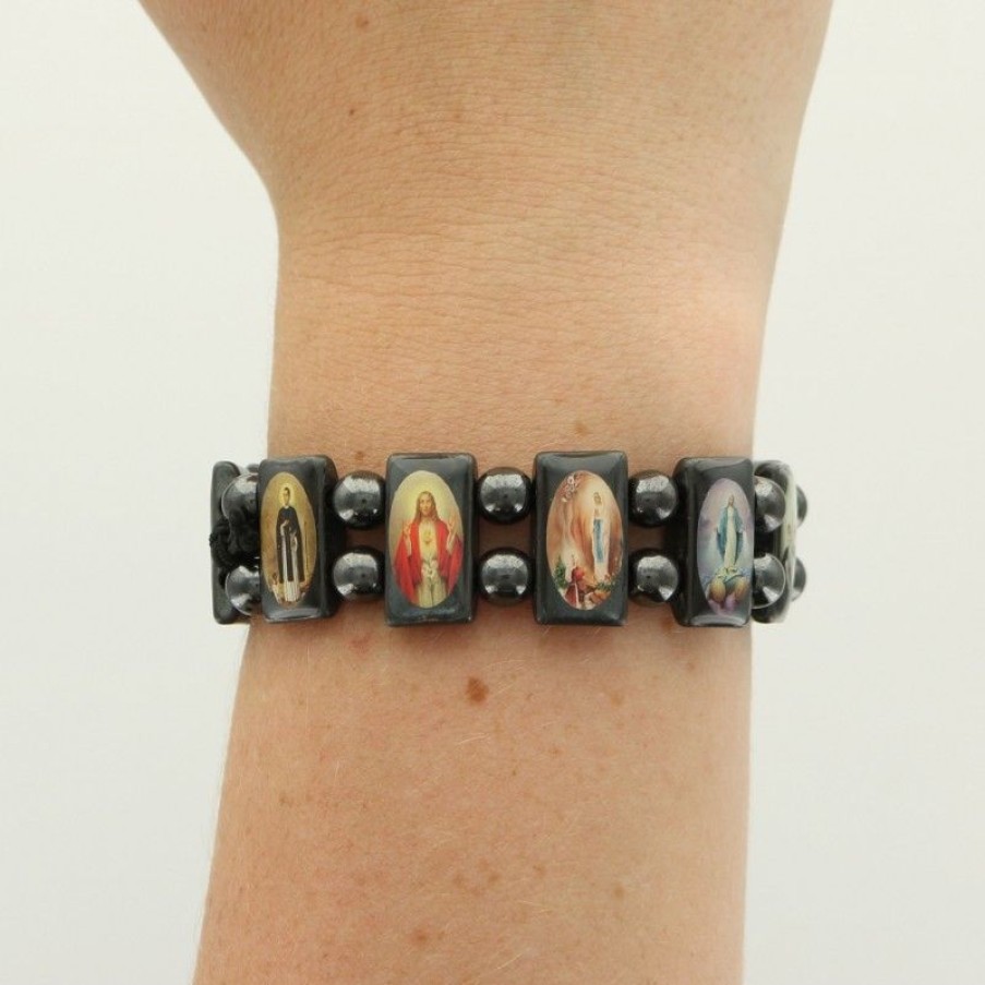 Palais du Rosaire Bracelet Fantaisie | Bracelet En Hematite Avec Des Illustrations Religieuses