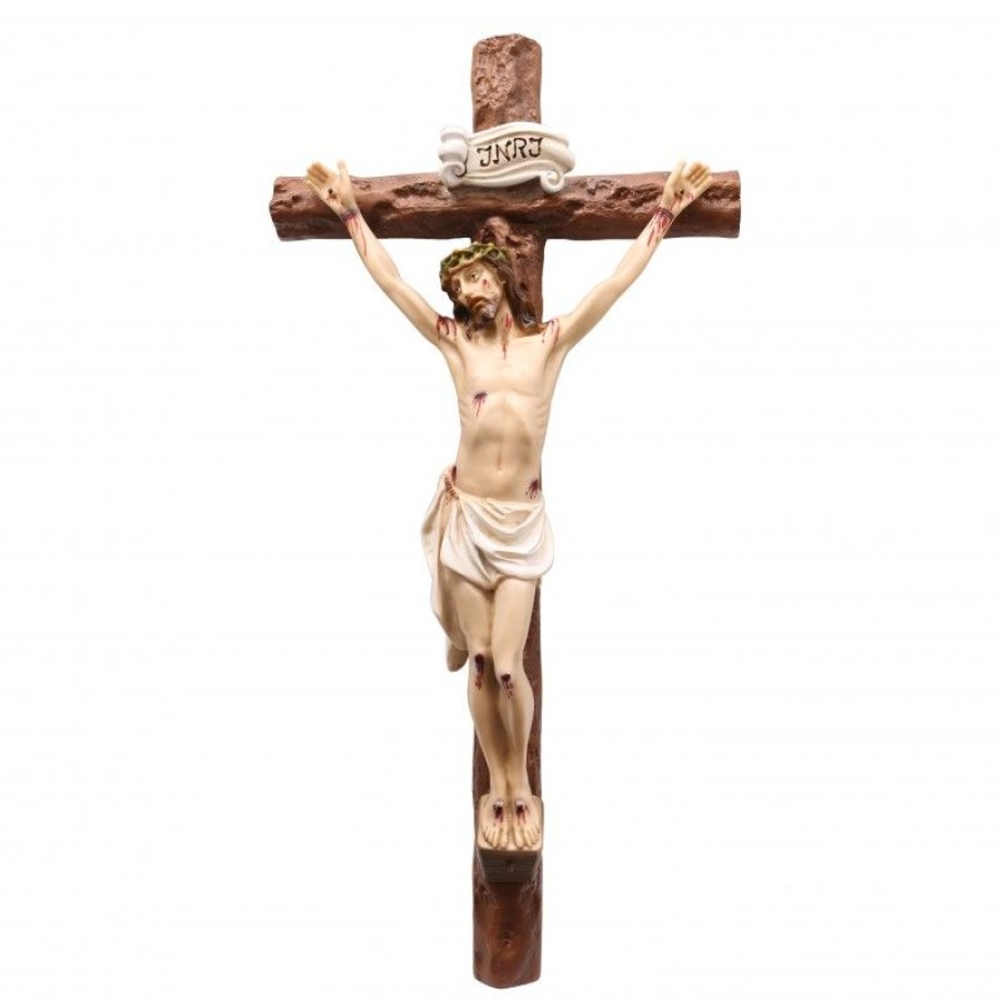 Palais du Rosaire Statue De Grande Taille | Crucifix Effet Bois Brut Avec Christ En Resine Coloree 61 Cm