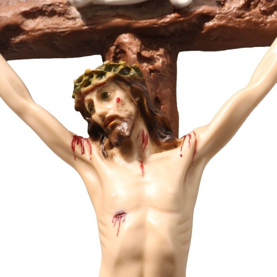 Palais du Rosaire Statue De Grande Taille | Crucifix Effet Bois Brut Avec Christ En Resine Coloree 61 Cm
