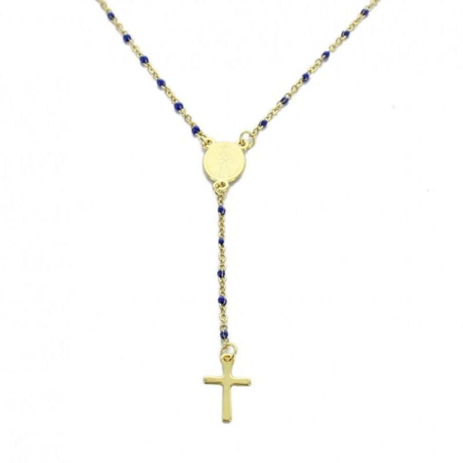 Palais du Rosaire Chapelet Dizainier | Collier Chapelet En Acier Dore Avec Perles Bleues