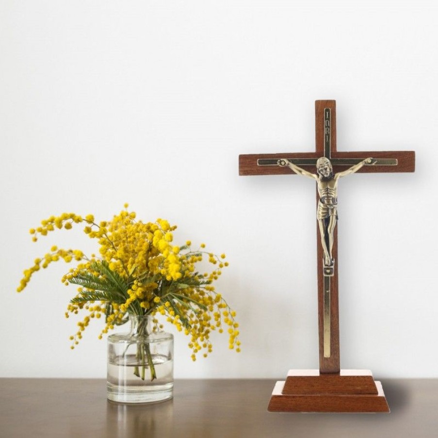 Palais du Rosaire Crucifix Bois | Crucifix En Bois Avec Christ En Metal Dore 27 Cm