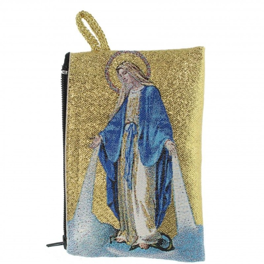 Palais du Rosaire Etui A Chapelet | Etui A Chapelet En Fil Dore 10X7 Cm Decore De La Vierge Miraculeuse