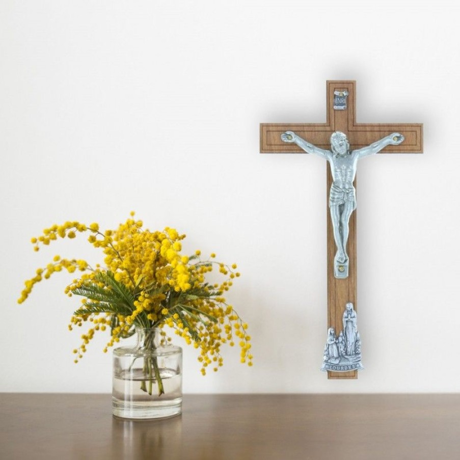 Palais du Rosaire Crucifix Bois | Crucifix Bois Christ Et Apparition De Lourdes Argentes 16,5 Cm