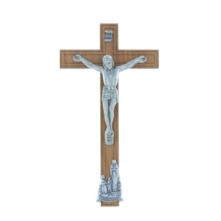 Palais du Rosaire Crucifix Bois | Crucifix Bois Christ Et Apparition De Lourdes Argentes 16,5 Cm