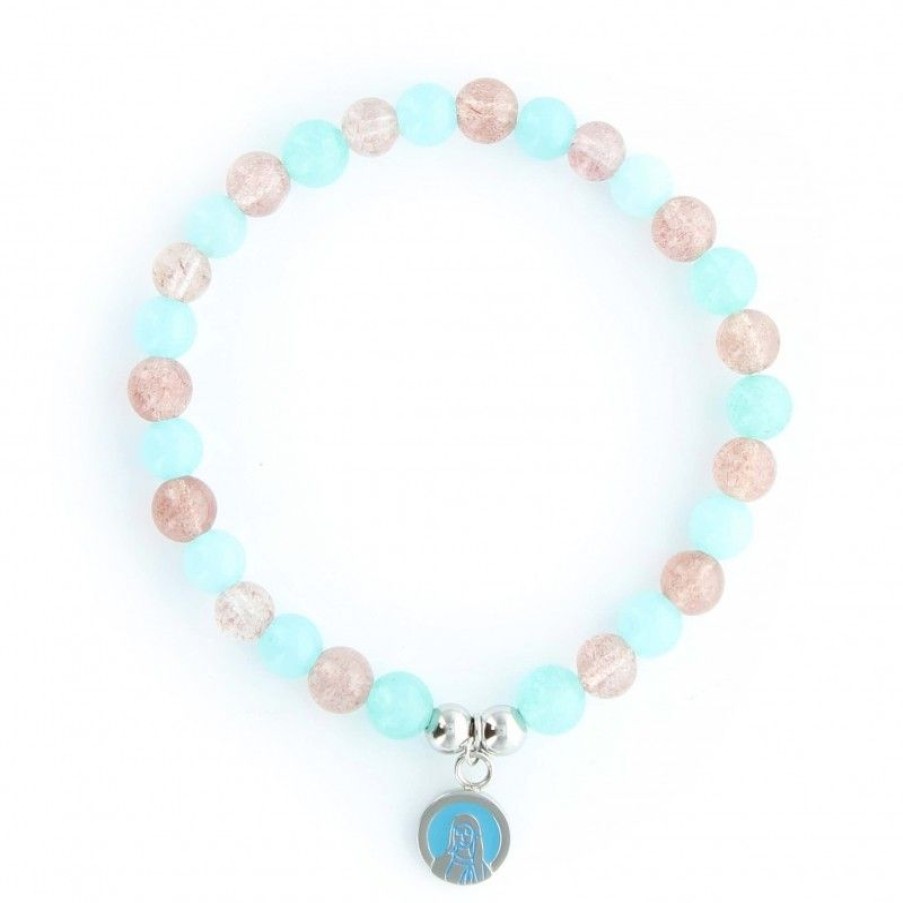 Palais du Rosaire Bracelet Fantaisie | Bracelet De La Vierge De Lourdes En Pierres Aquamarine Et Quartz Rose