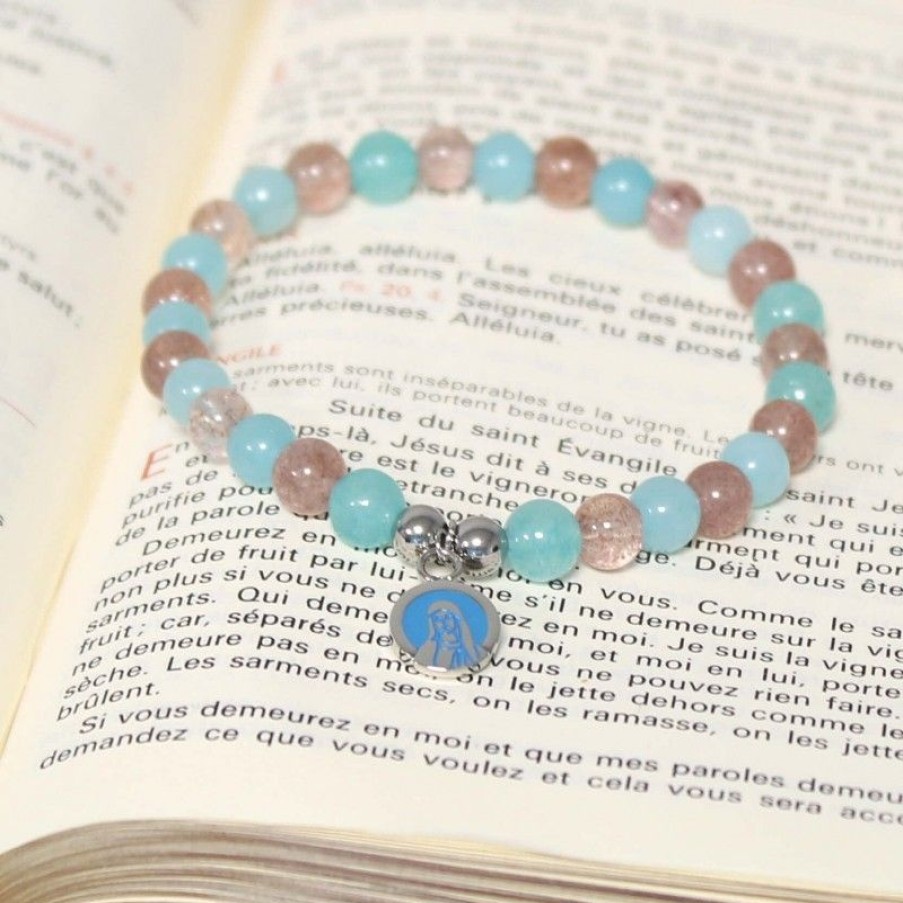 Palais du Rosaire Bracelet Fantaisie | Bracelet De La Vierge De Lourdes En Pierres Aquamarine Et Quartz Rose