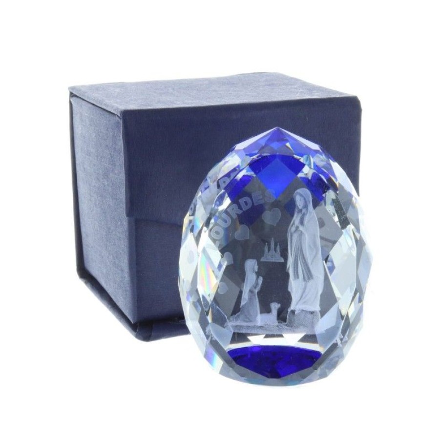 Palais du Rosaire Verre Grave | Verre Grave Laser 3D Reflets Bleus Et Apparition De Lourdes 6 Cm