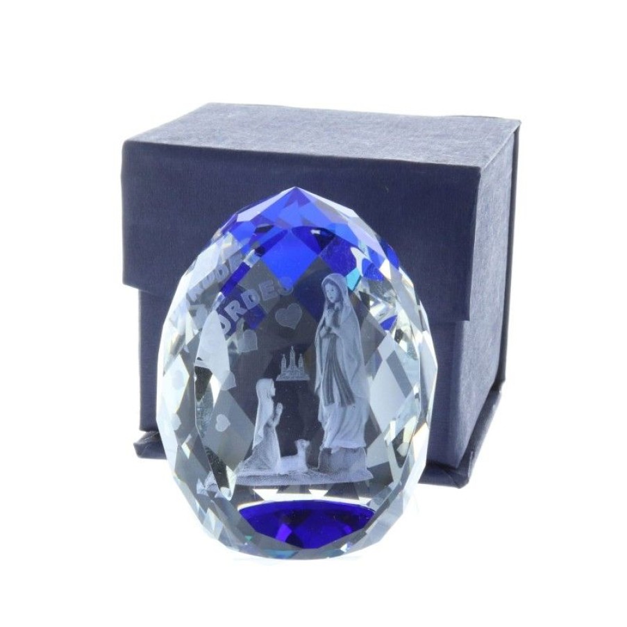Palais du Rosaire Verre Grave | Verre Grave Laser 3D Reflets Bleus Et Apparition De Lourdes 6 Cm