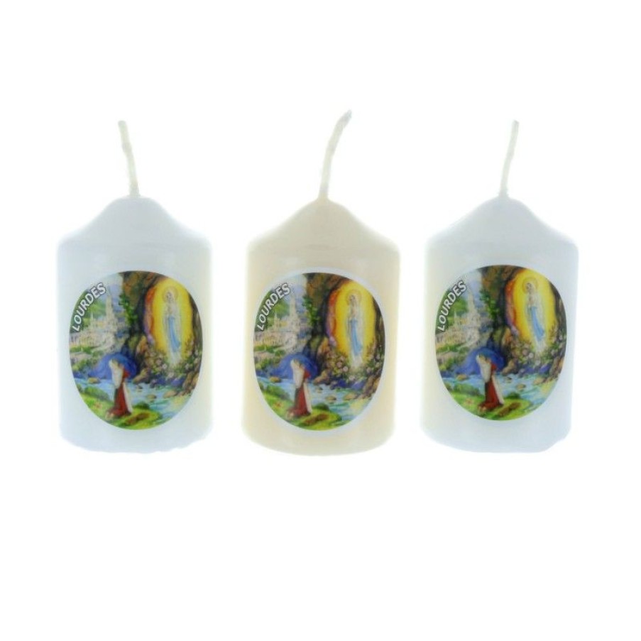 Palais du Rosaire Bougie Decorative | Lot De 3 Bougies Religieuses Cylindriques Apparition De Lourdes 6 Cm