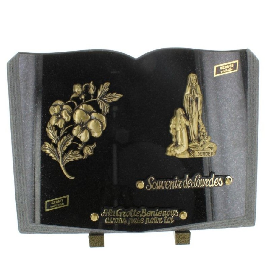 Palais du Rosaire Plaque Funeraire | Plaque Funeraire En Granit En Forme De Livre Avec L'Apparition De Lourdes En Bronze 36X25Cm