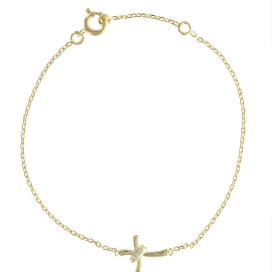 Palais du Rosaire Bracelet Plaque Or | Bracelet Plaque Or Avec Une Croix Moderne Et Des Strass
