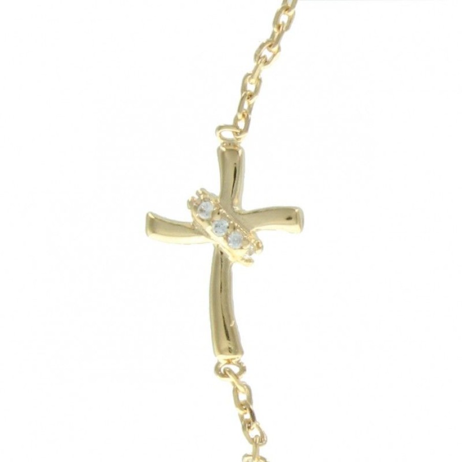 Palais du Rosaire Bracelet Plaque Or | Bracelet Plaque Or Avec Une Croix Moderne Et Des Strass