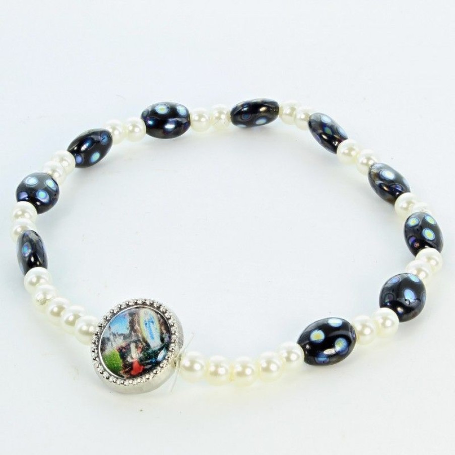 Palais du Rosaire Bracelet Fantaisie | Bracelet Grains Nacres Et Noirs A Pois Avec Medaille De Lourdes