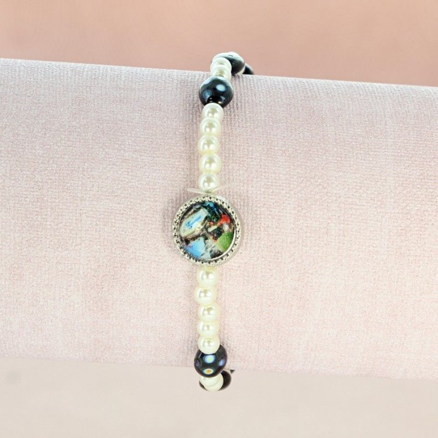 Palais du Rosaire Bracelet Fantaisie | Bracelet Grains Nacres Et Noirs A Pois Avec Medaille De Lourdes
