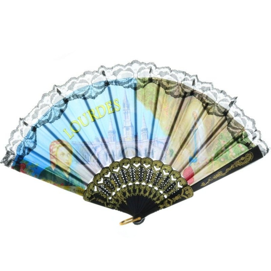 Palais du Rosaire Accessoire | Eventail De Lourdes En Tissu Et Dentelles De 23Cm De Rayon