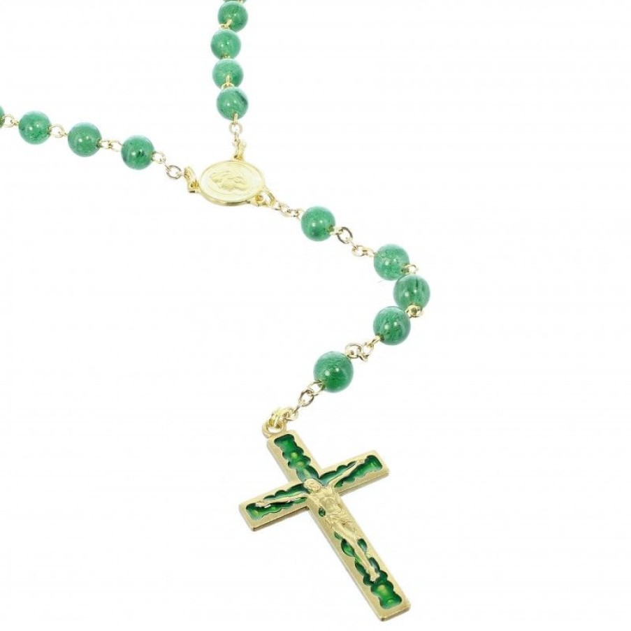 Palais du Rosaire Chapelet Pierre | Chapelet Dore En Pierres Aventurine De 6Mm Avec Croix Emaillee