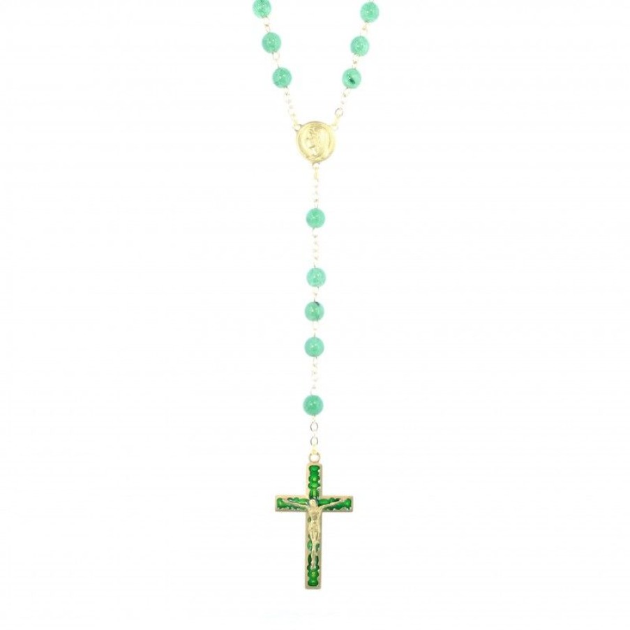 Palais du Rosaire Chapelet Pierre | Chapelet Dore En Pierres Aventurine De 6Mm Avec Croix Emaillee